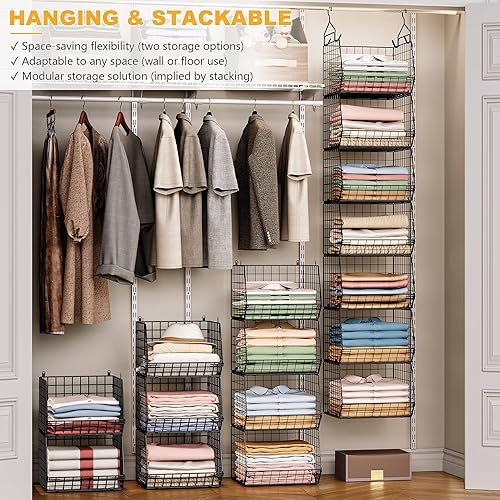 Miniatura 6 de Organizador y almacenamiento plegable de 7 niveles, estantería de armario de alambre con 5 ganchos en S, cesta colgante para ropa, suéteres,