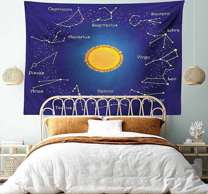 Lunarable Astrology Tapestry Twin Size, Celestial Star Chart Constellation Around Sun on The Sky Aries Sign, Wall Hanging Bedspread Bed Cover Wall Decor, Twin Size, Dark Blue Orange