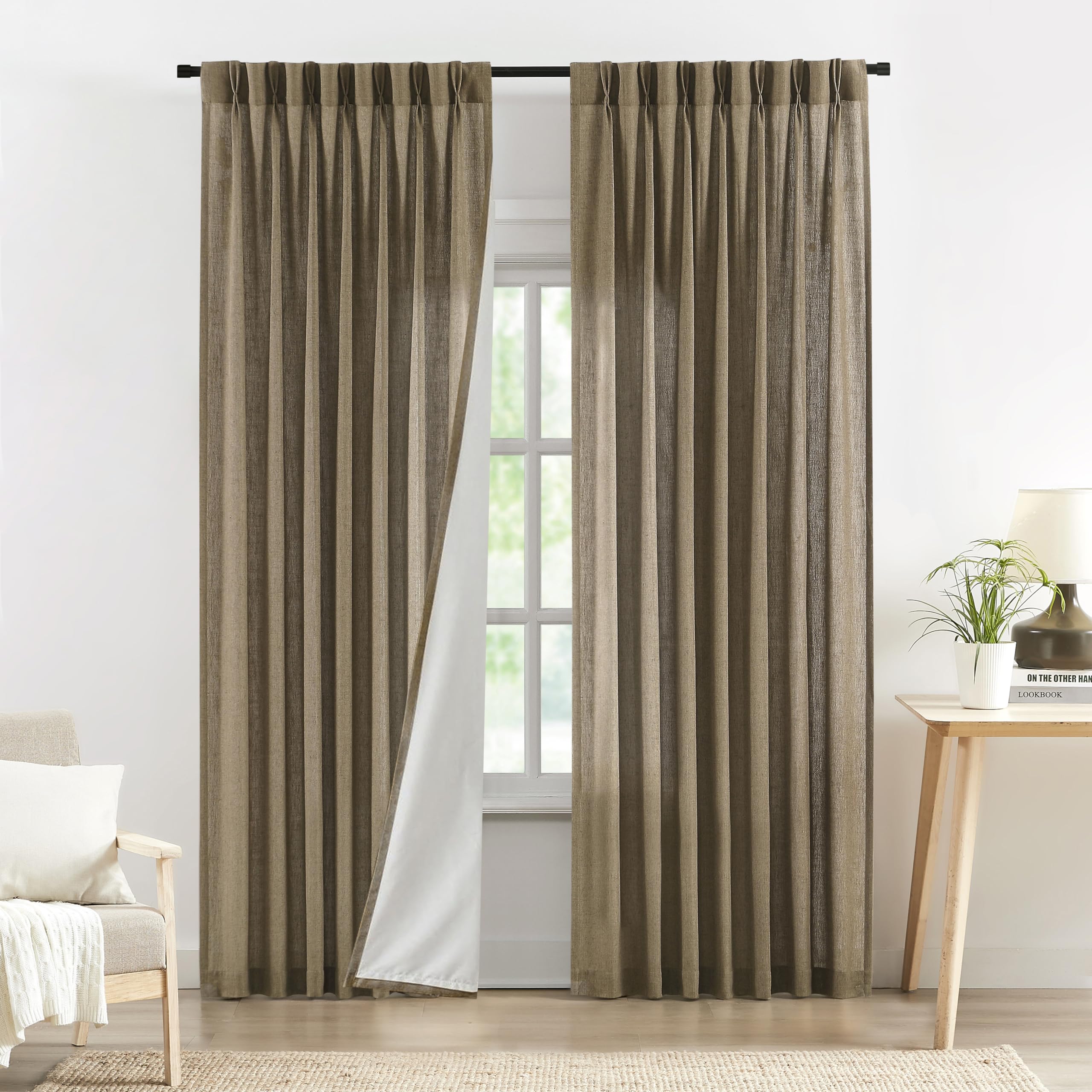 Central Park Pinch Pleat Light Filtering Curtain Panel with Microfiber Liner 102 Inch for Living Room, Linen Blended Textured Window Treatment for