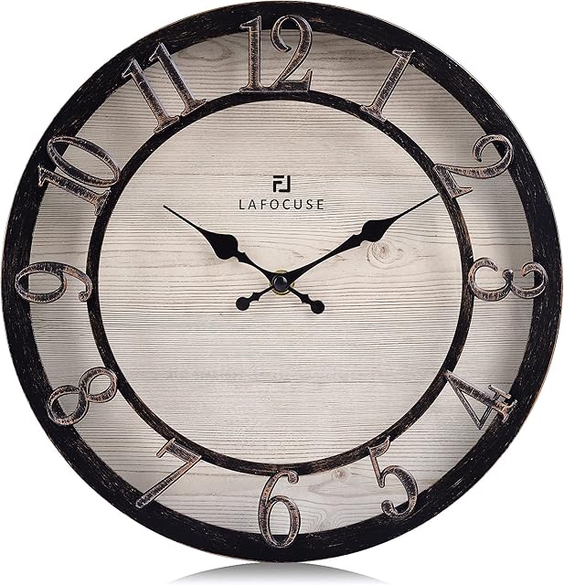 Lafocuse Silent Antique Farmhouse Wall Clock with 3D Numerals, Rustic Vintage Distressed Bronze Color Kitchen Clock for Home Decor Living room 12 Inch