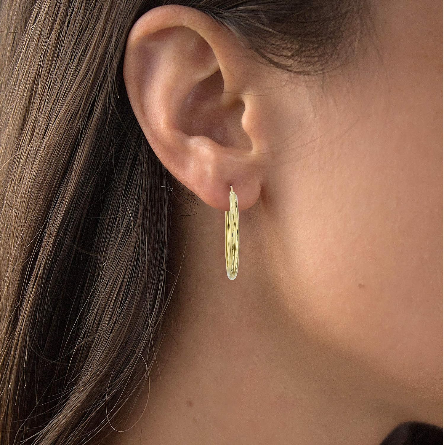 14k Yellow Gold Solid Polished 3mm Thick Diamond Cut Hoop Earrings for Women | Classic Diamond Cut Italian Gold Hoops With Secure Click Top, 20mm-60mm