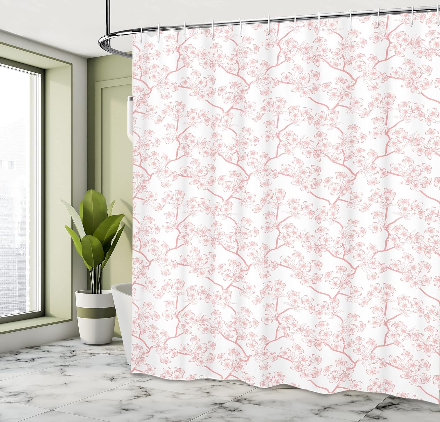 Ambesonne Nature Shower Curtain, Pattern with Soft Spring Branches Flourishing Flowers and Leaves Feminine Print, Cloth Fabric Bathroom Decor Set with Hooks, 69" W x 70" L, Coral White
