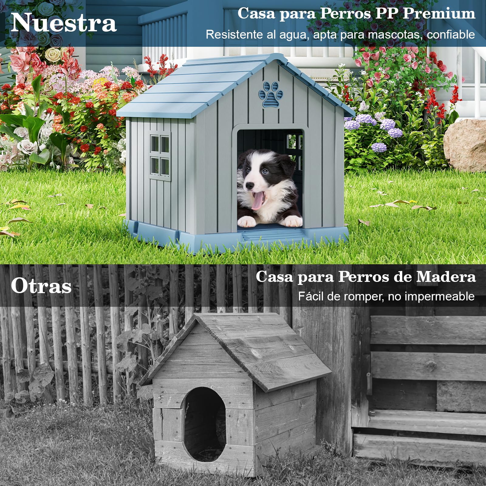 COSTWAY Caseta Perro Grande, 76x83x83 cm, Casa de Perro Exterior con Rejillas de Ventilaciones y Base Elevado, Refugio Impermeable Aislado para Mascotas Pequeños y Medianos Interior y Exterior, Azul