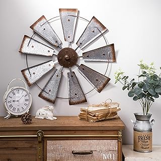 Best Glitzhome 22" Farmhouse Galvanized Windmill Wall Sculpture Home Decor Rustic Metal Rustic Wall Art Decoration, Silver Review 