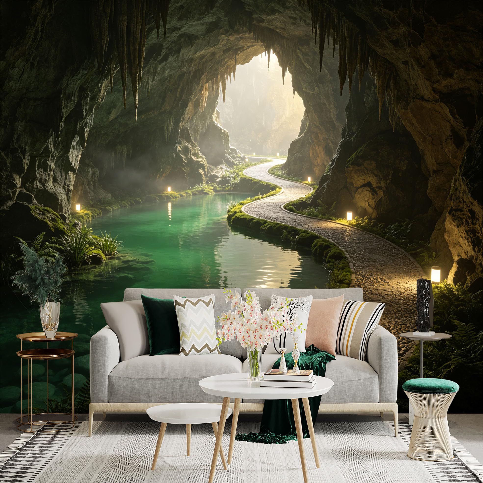 Custom Size Wall Sticker Mural， Mysterious Limestone Cave with Underground River， Stone Path， Glowing Pathway Lights， Serene Water View， for wall Decoration， peelandstick wall Decals.