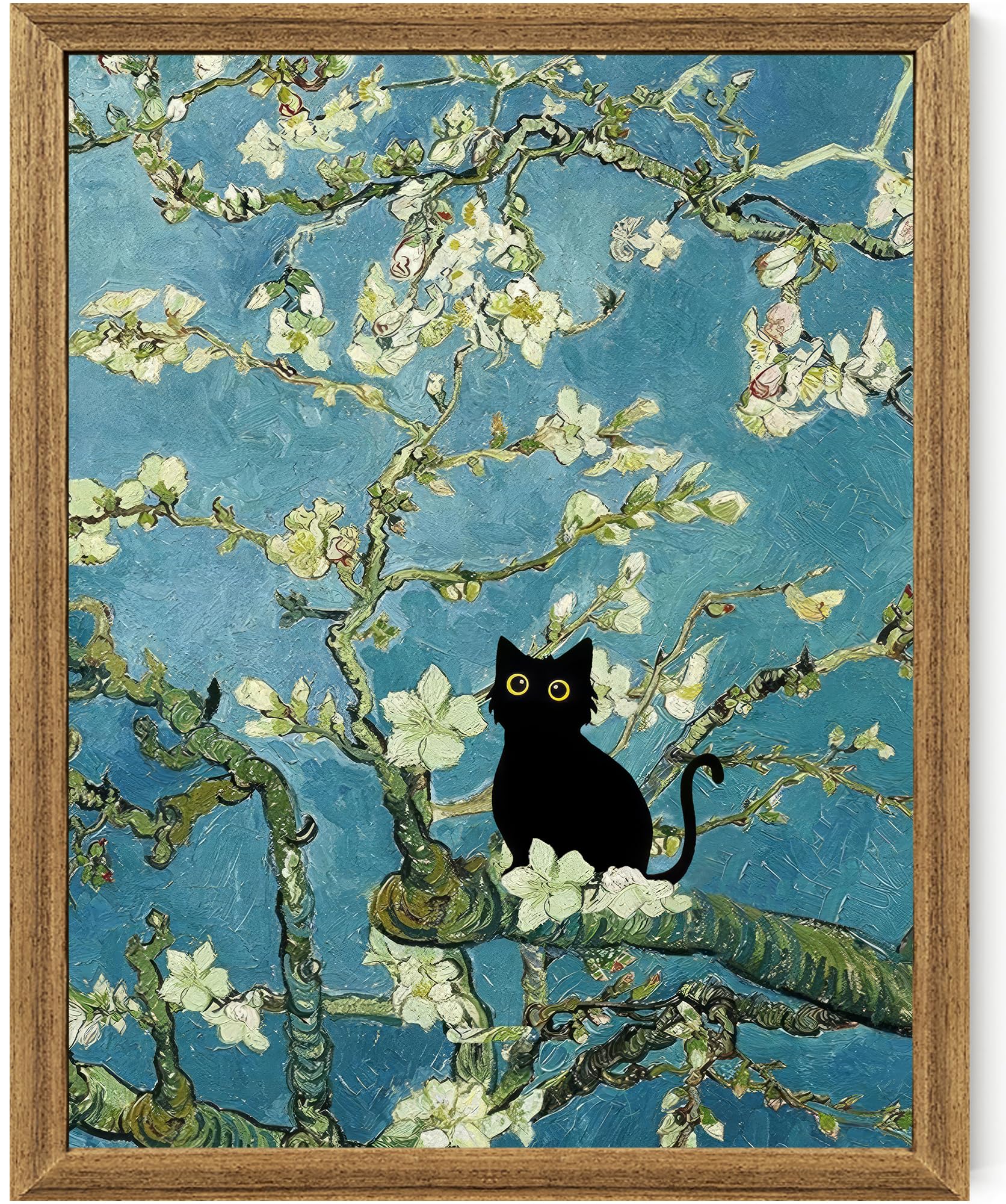 Fantasy Artists Van Gogh's Almond Blossom Funny Black Cat Canvas Wall Art, Oil Painting Posters Home Decor, Vintage Abstract Aesthetic Wall Decorations for Living Room Bedroom, 8" X 10"