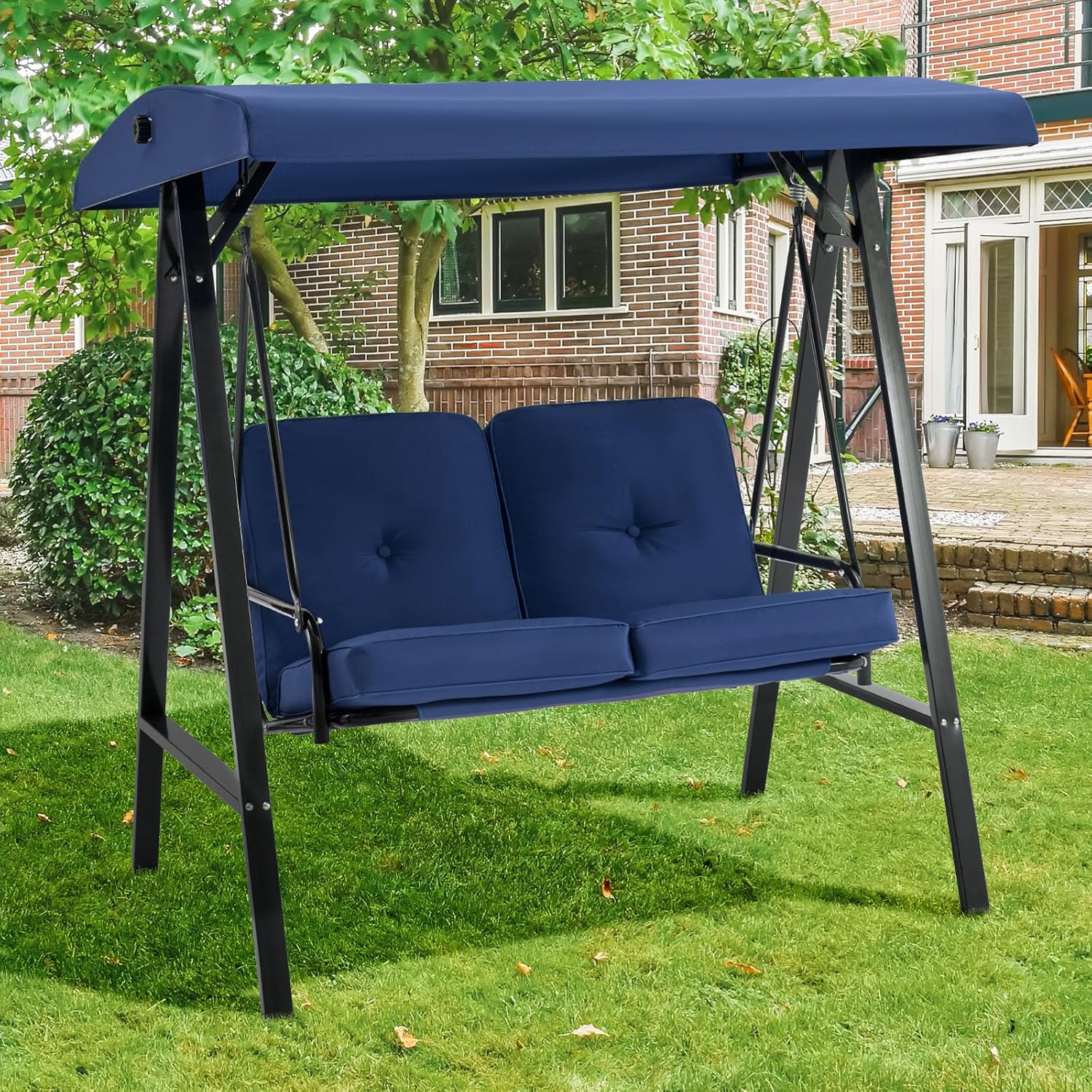 AECOJOY Outdoor Patio Swing Chair for Adults, 2-Seat Porch Swings with Adjustable Canopy, Outside Swing Bench with Removable Cushion, Suitable for Backyard, Garden, Yard, Poolside, Balcony (Blue)