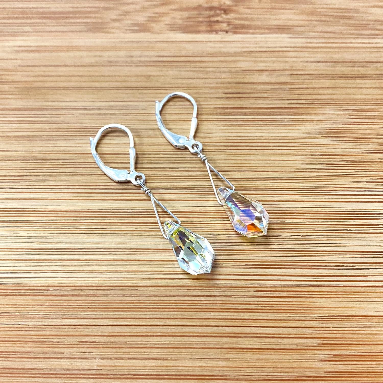 Teardrop Shaped Austrian Crystal Handmade 925 Sterling Silver Leverback Drop Earrings