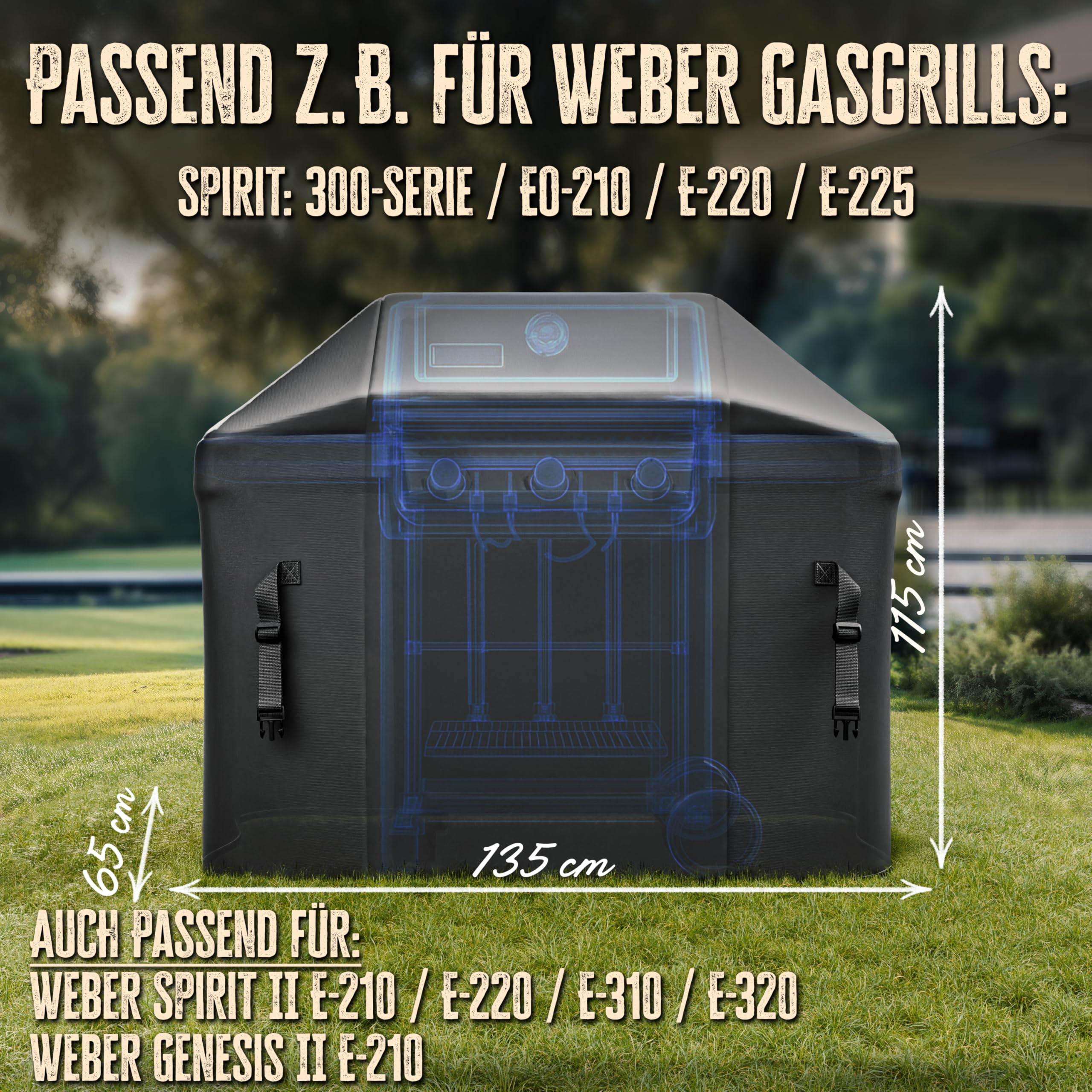 AMZBBQ® Premium Grillabdeckung wetterfest - 135 x 115 x 65 cm - 100% wasserdichte Abdeckhaube für Gasgrill - Grillhaube für Weber Spirit E-310 & E-320 / Rösle Videro G3 / Enders Boston & Monroe ProX 3