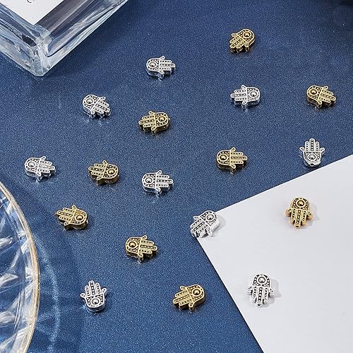 Miniatura 4 de SUNNYCLUE 1 caja de 100 cuentas de mano de Hamsa de 2 colores, aleación de mano de Fátima Miriam, espaciador suelto, dijes de cuentas de chakra,