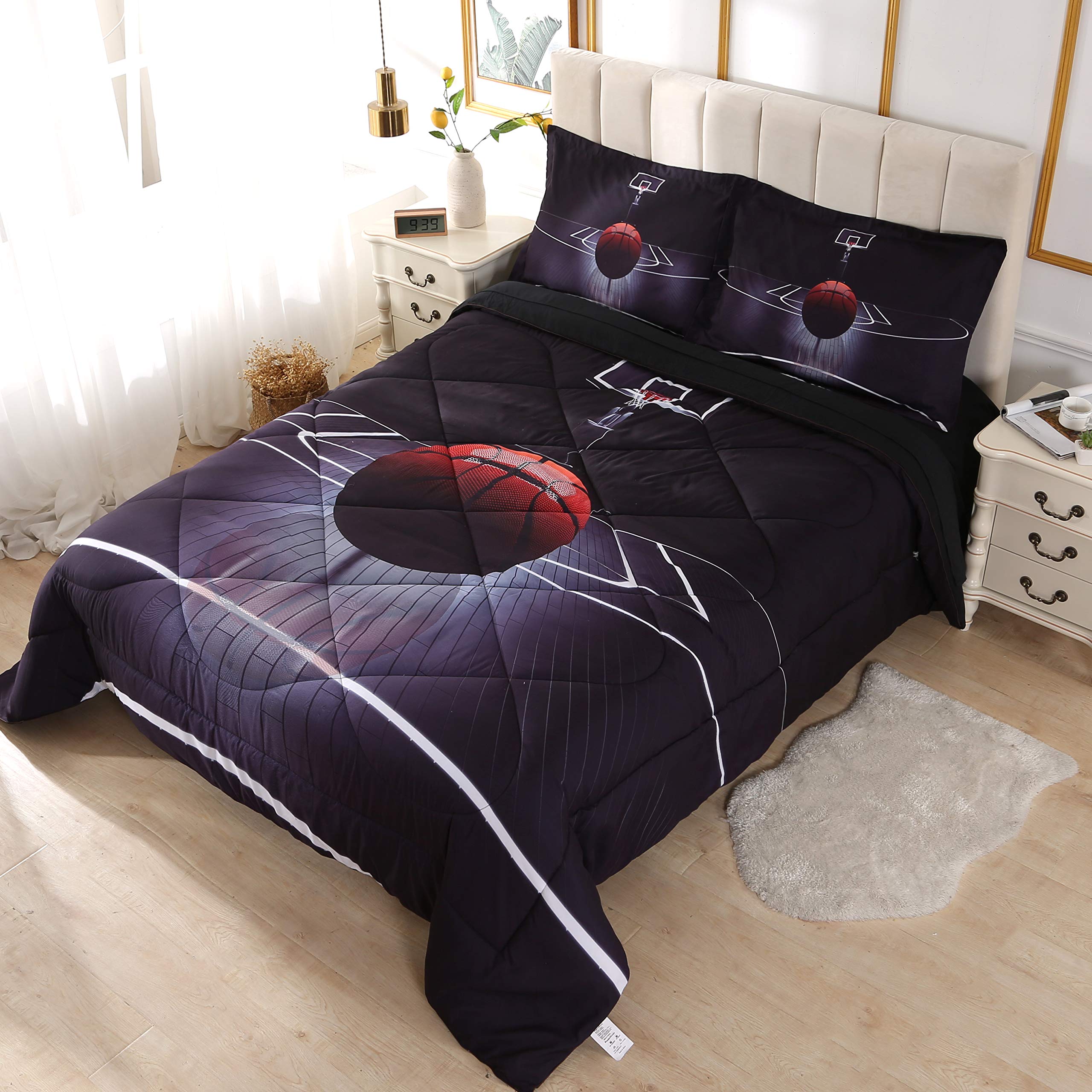 Wowelife Basketball Bedding Sets Queen for Boys 5 Piece Teen Boy Bedding Set Black Basketball Queen Comforter Set Sports Decor for Boys Bedroom with Comforter,Flat Sheet,Fitted Sheet and 2 Pillowcases