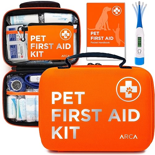 ARCA PET Cat & Dog First Aid Kit for Car - Pet Emergency Kit for Home Office Travel – Dog Camping Essentials with Digital Thermometer, Muzzle & Mini First Aid Pouch - Neon Orange