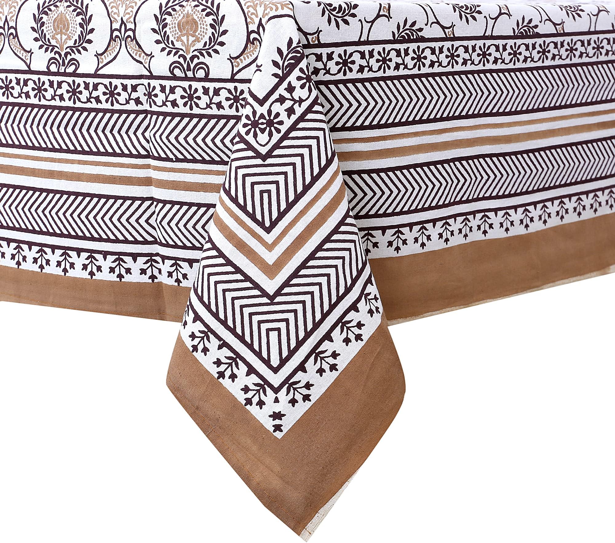 Table Cloth, Rectangle, Cotton,145 cm X 220 cm (Brown and White)