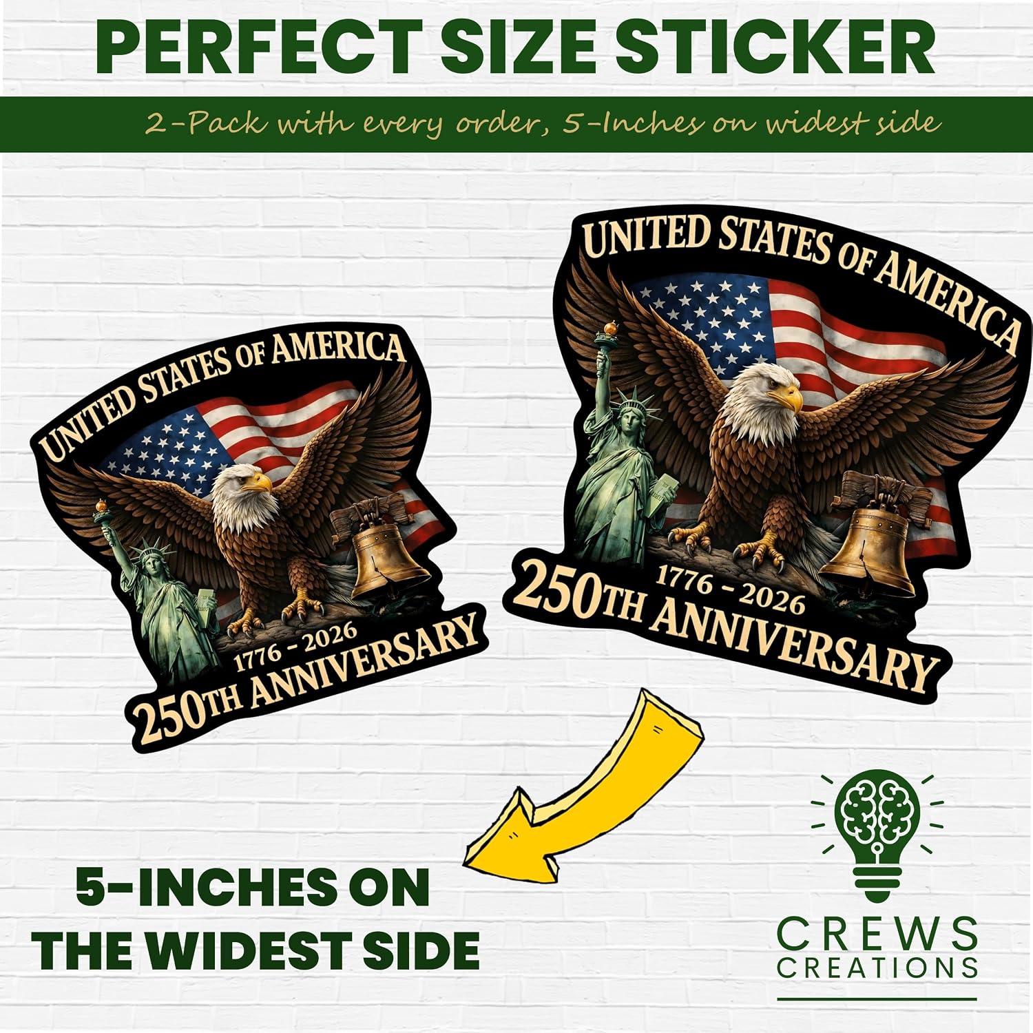 USA 250th Anniversary Vinyl Sticker 2-Pack – Patriotic Eagle & Statue of Liberty 1776-2026 USA Independence Decal for Car Window, Truck, Laptop, Bumper or Toolbox 5.4-Inch by 5.1-Inch