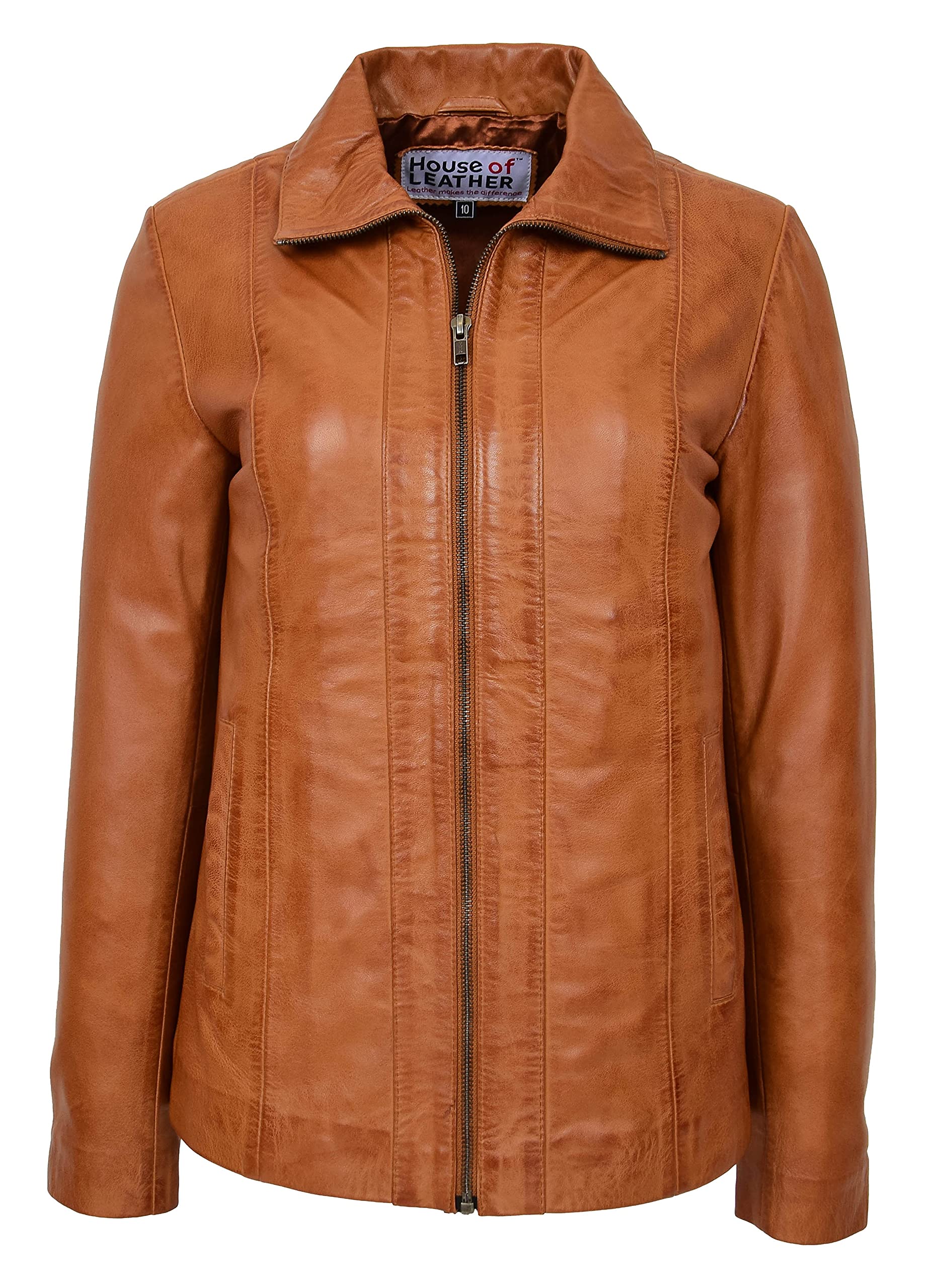 Womens Real Leather Classic Jacket Zip Box Style Julia (18, Tan)