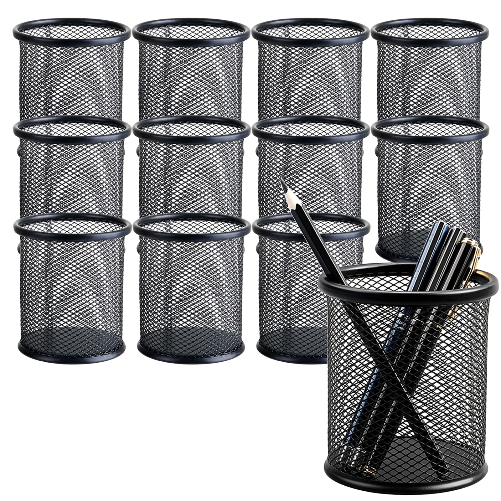 Stiftehalter aus Metall, rund, Netzstoff, für Schreibtisch, Büro, Stiftebecher, 12 Stück