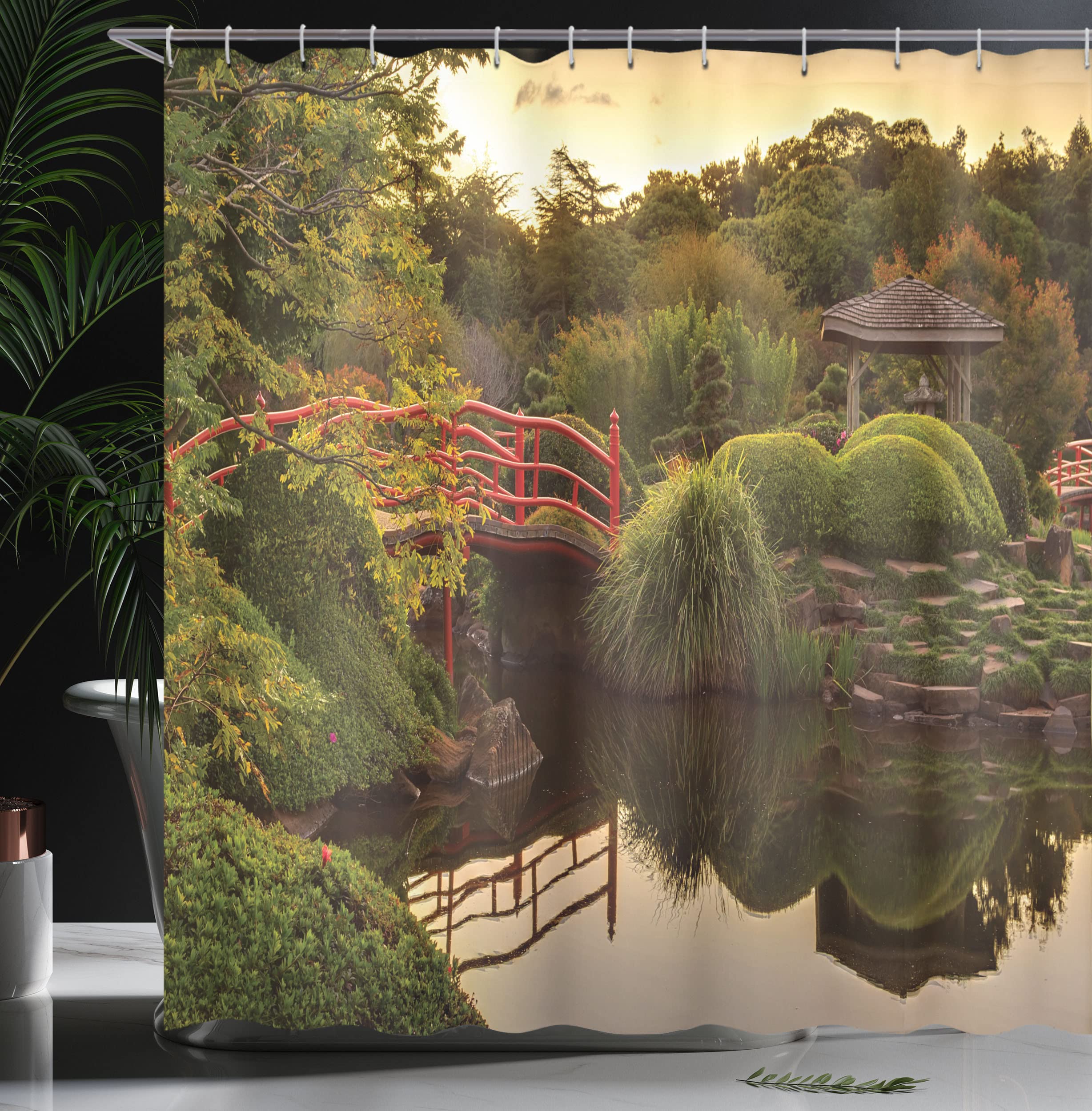 ABAKUHAUS Japanese Shower Curtain, Peaceful Garden Twilight Reflections in Water Red Bridge on Pond Sunset - Image 3