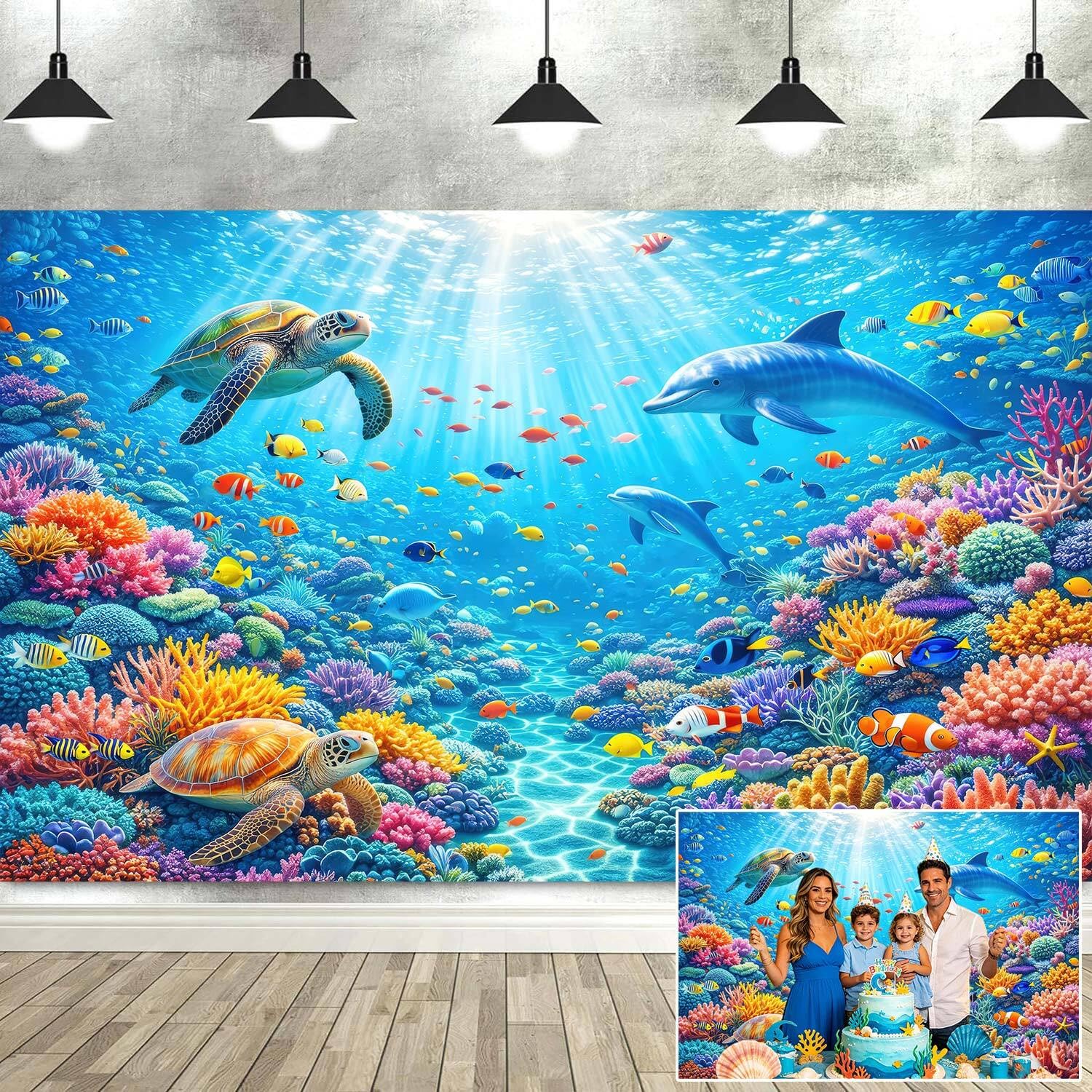 View 1 of 10X8ft Under The Sea Backdrop Ocean Tropical Coral Dolphin Turtle Photography Background for Kids Birthday Baby Shower Underwater Theme Party Photo Booth Props