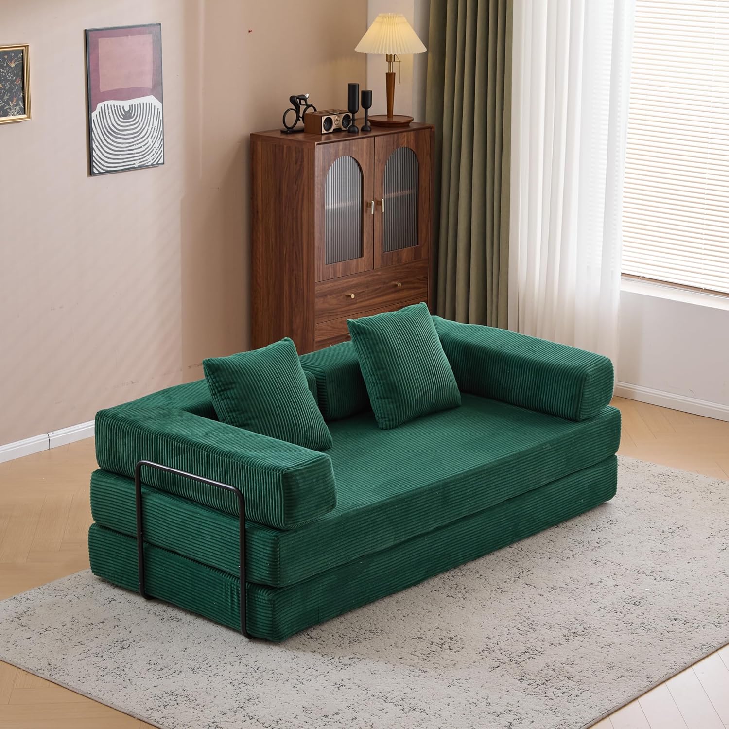 Convertible Sleeper Sofa Bed with Two Pillow - Corduroy Folding Mattress Couch with Fixed-Shape Frame for Living Room, Bedroom, Lounge, Studio (Dark Green + Corduroy)