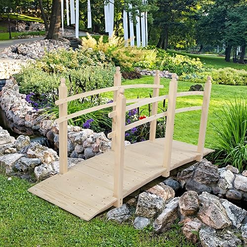 Miniatura 8 de VINGLI Puente de jardín de 7.5 pies, puente de madera con barandillas de seguridad, acabado natural, pasarela decorativa de paisajismo para estanque