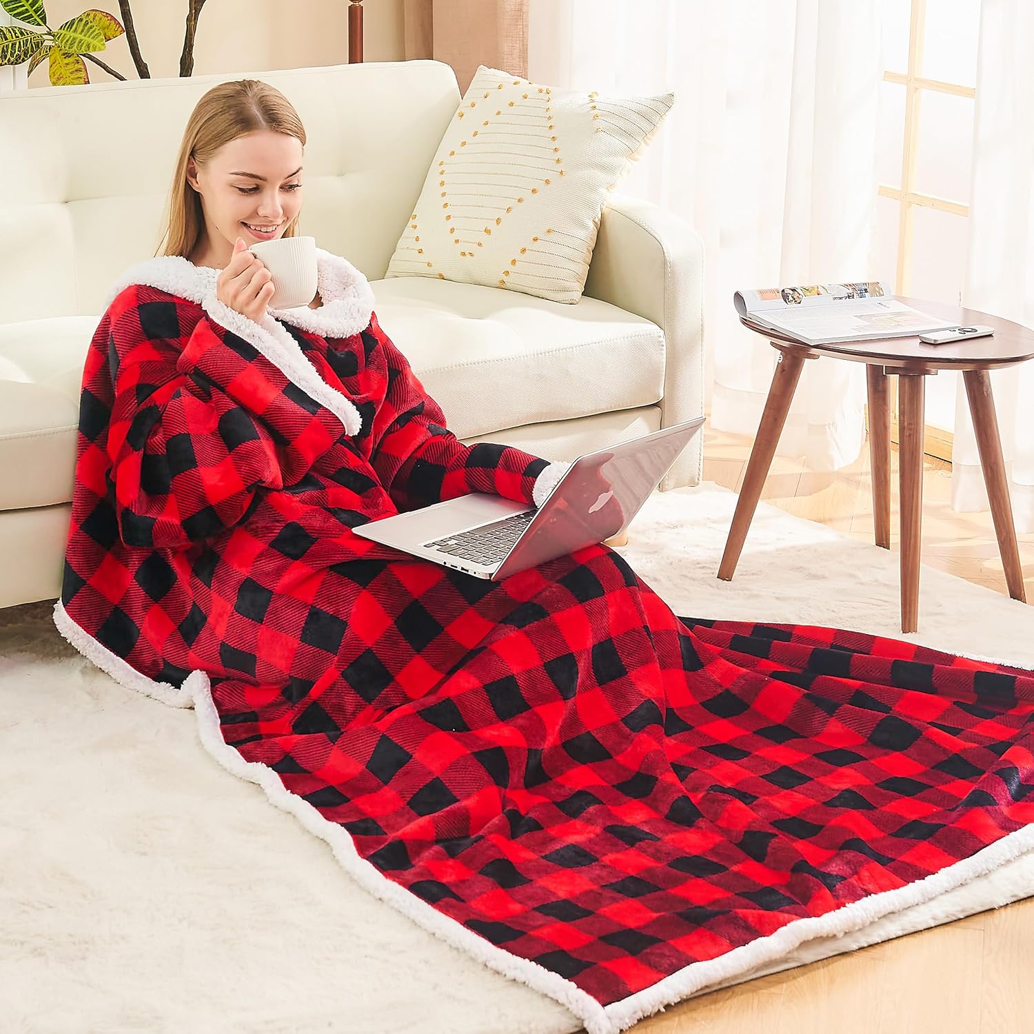 Ramees Sherpa Wearable Blanket with Sleeves and Pockets, Soft Warm TV Blanket Throw for Men and Women - Image 6