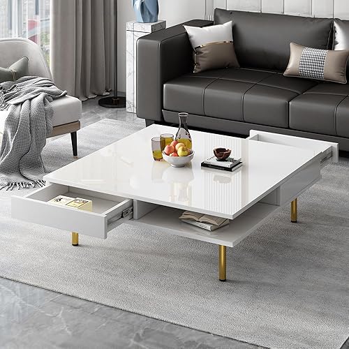 Miniatura 28 de LZ LEISURE ZONE Mesa auxiliar giratoria de 360°, moderna mesa de centro cuadrada multifuncional con 2 cajones de almacenamiento, mesa central de 2