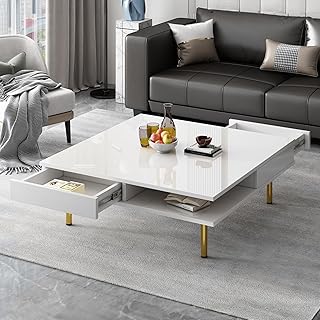 Merax Coffee Table, Modern High Gloss Coffee Table with 2 Small Drawers, 2-Tier Square Center Cocktail Table with 4 Golden Legs for Living Room, 33.4"x 33.4" (White)