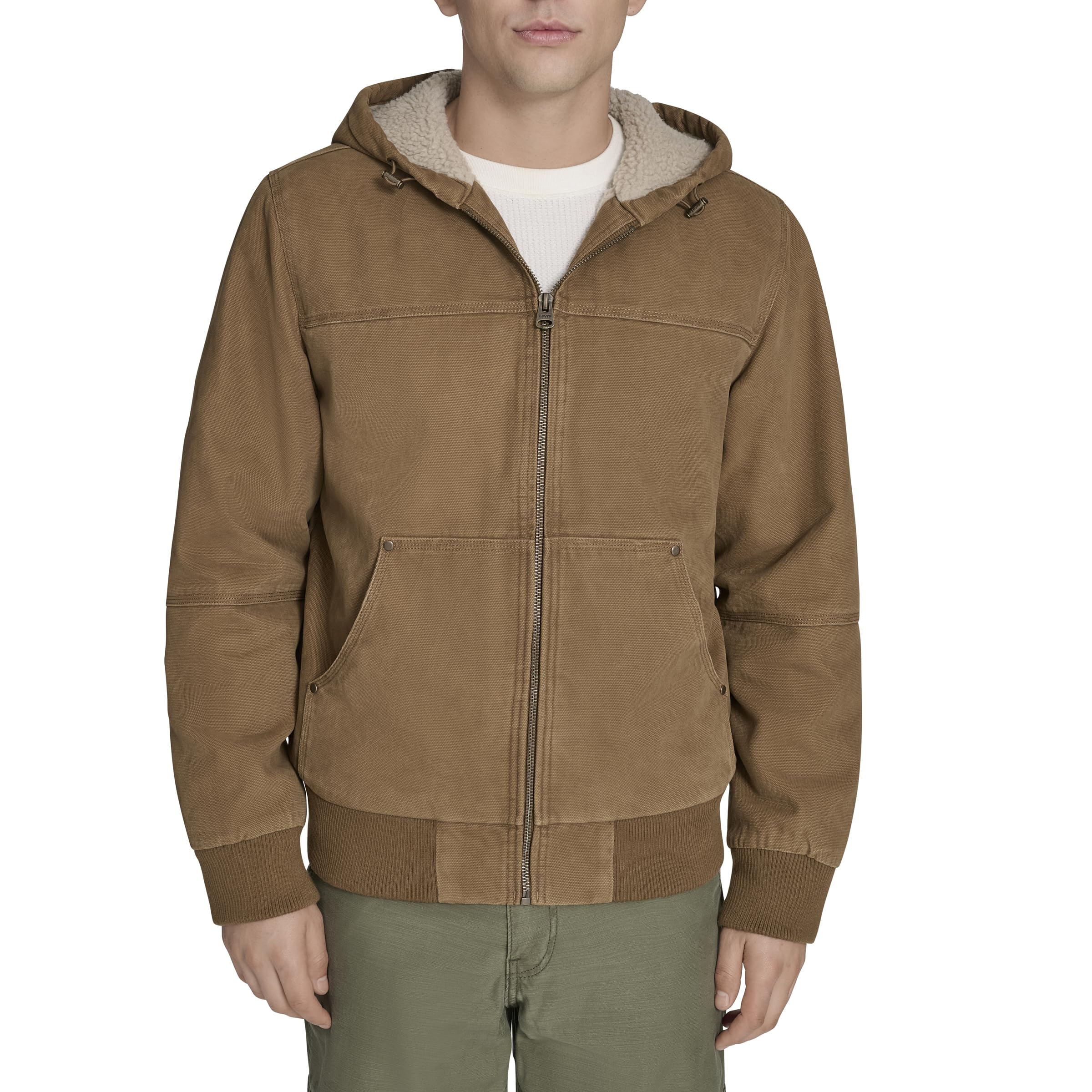 Levi's Men's Brown Size Tall Cotton Canvas Workwear Hoody Bomber With Full Sherpa Lining, Workers 2X