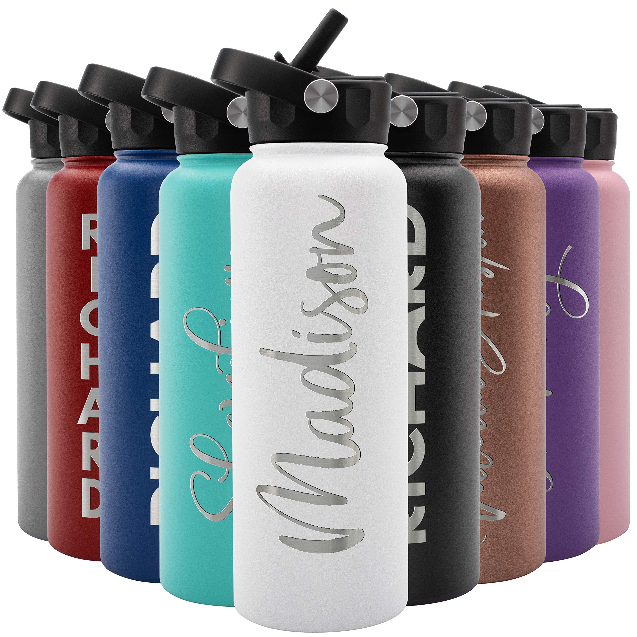 Amazing Items Personalized Water Bottle w/Straw & Lid, 40 oz - White | Custom Large Stainless Steel Sports Water Bottle w/Name and Text - Double-Wall,