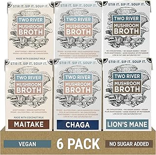 Two River Organic Mushroom Broth Variety Pack | Vegan Bone Broth Alternative – Lion’s Mane, Maitake & Chaga | Plant Based Sipping Meal for Soup, Ramen & Curry | Gluten Free 17.6 fl oz (6 Pack, 2 Each)