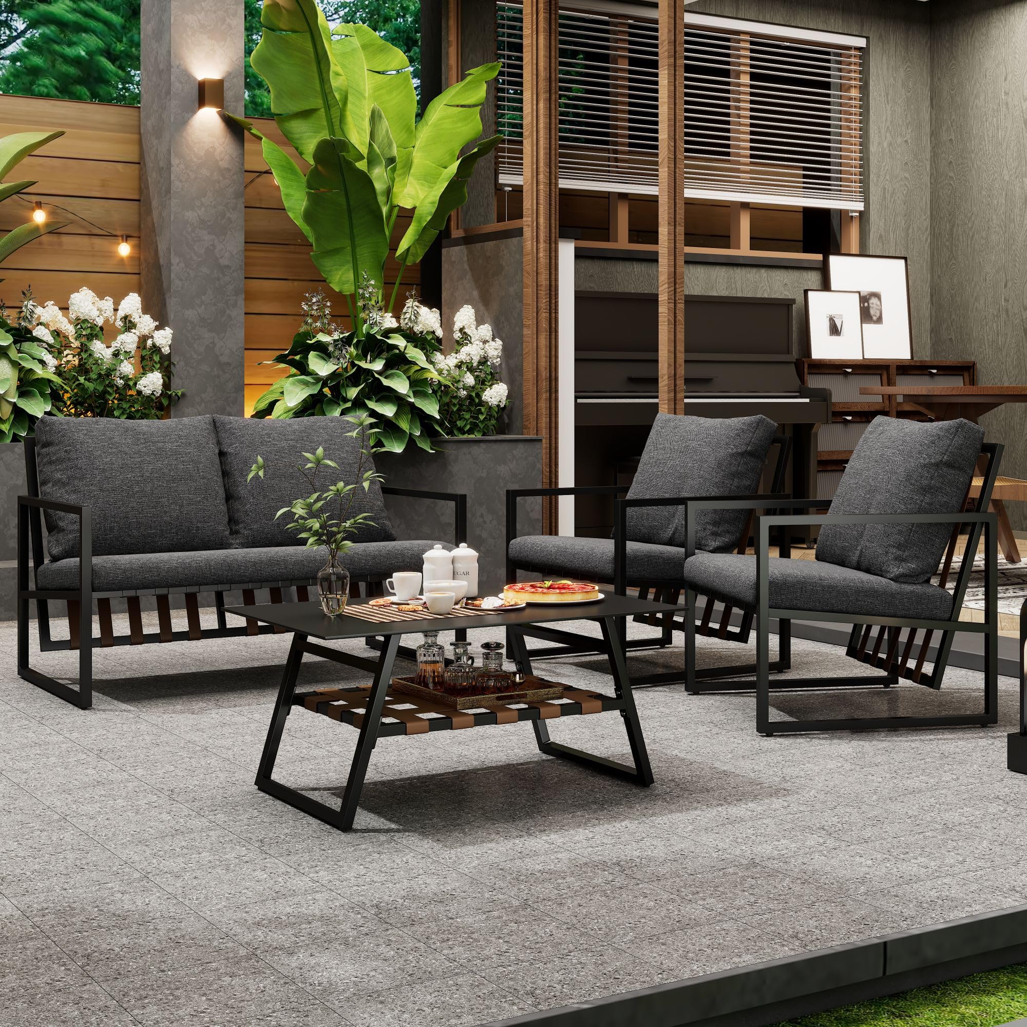 Moimhear Juego de sofá de 4 piezas para exteriores, mesa de café con capa de almacenamiento, tubo de acero galvanizado, diseño de correa de PVC, mesa de cristal templado, cojines extraíbles y lavables