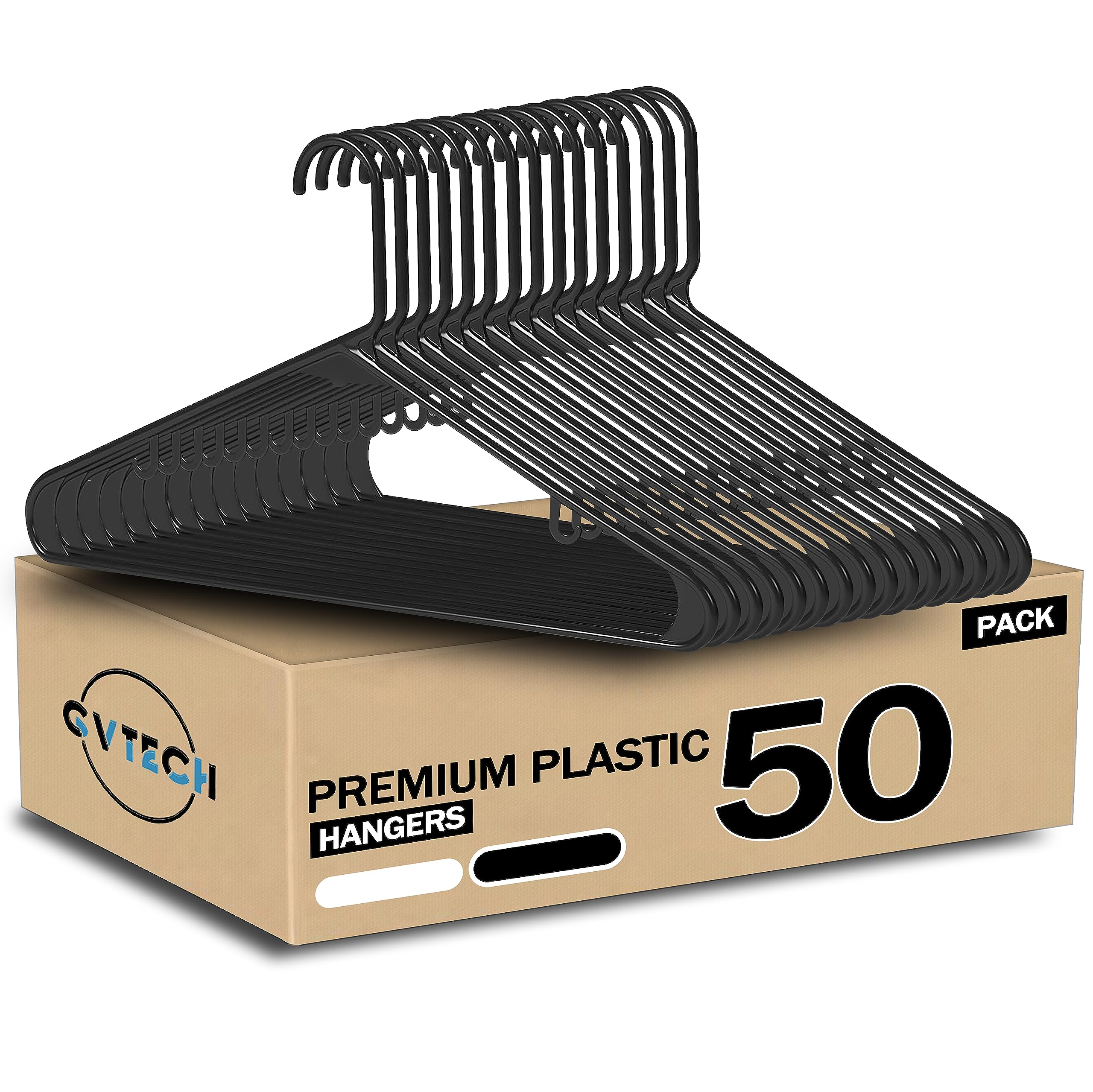 GVTECH Confezione da 50 grucce in plastica, resistenti, resistenti, con ganci, resistenti, leggere, salvaspazio, per cappotti, gonne, pantaloni, vestiti (confezione da 50, nero)