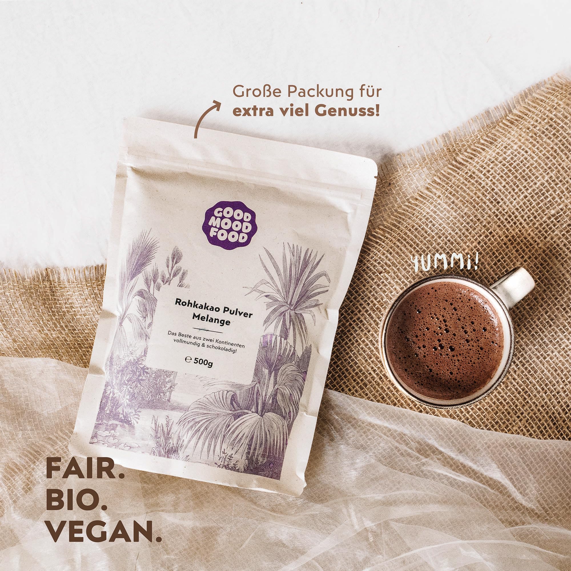 Bio Rohkakao Pulver 100% Melange 2x 500g - Vegan, vollmundig, ohne Zusätze