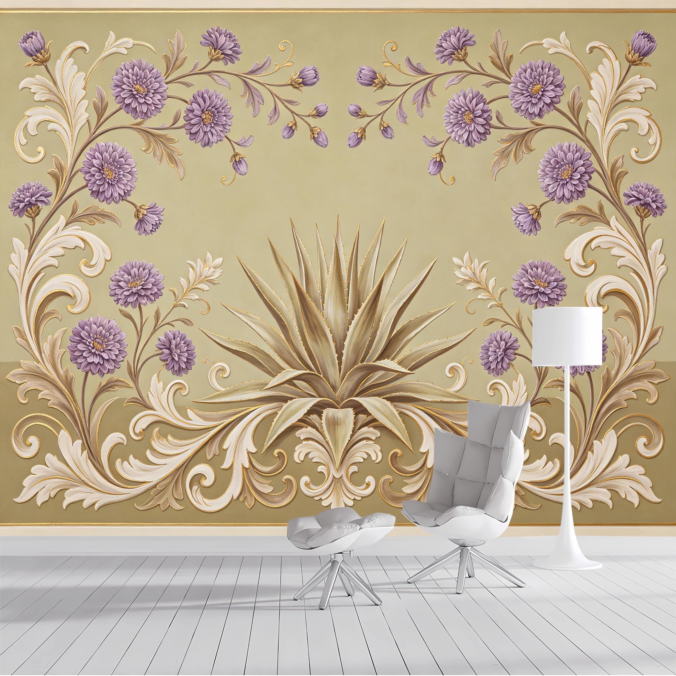 Custom Size Wall Mural Botanical Floral Scrollwork Golden Accents SelfAdhesive Wall Fabric Removable Peel and Stick Wallpaper Wall Decor for Living Room Bedroom Bathroom