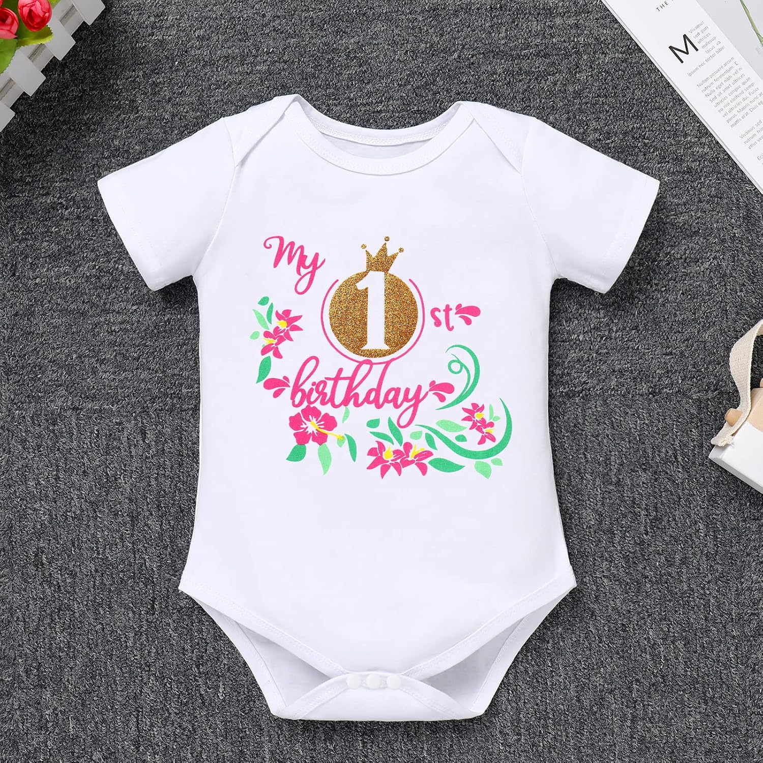 IBTOM CASTLE Baby Girl One Year Old Birthday Floral Lace Party Cake Smash Romper+Tutu Skirt Set+Crown Photo Shoot Clothes image 3