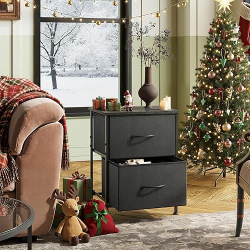 Miniatura 7 de WLIVE Mesita de noche negra, cómoda pequeña con 2 cajones y parte superior de madera, mesita de noche con cubos de tela, mesa auxiliar para