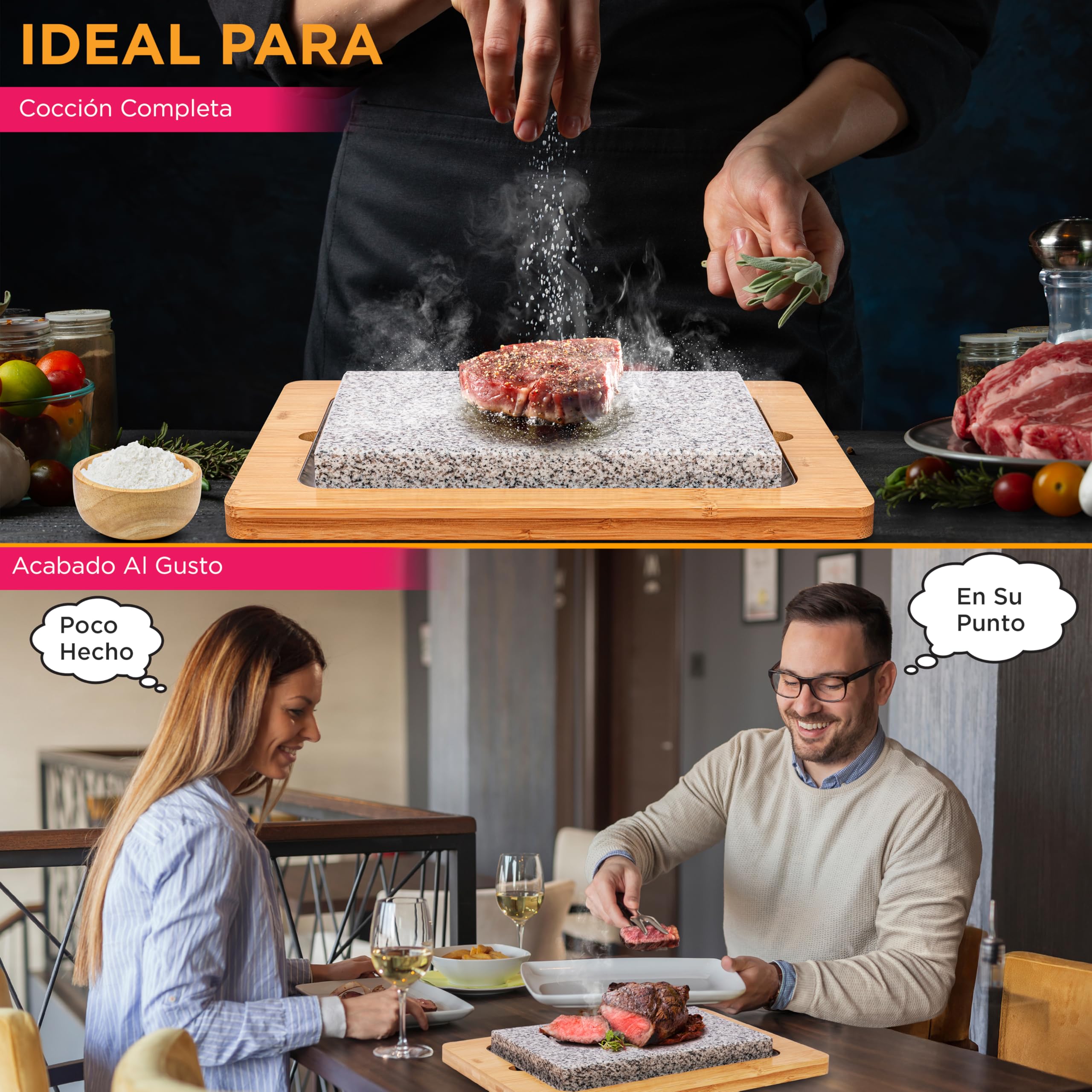 Nutrichef juego de parrilla de piedra, Caliente, Bandeja de bambu, Con asas antideslizantes, Control de temperatura ajustable, Perfecta para carnes y verduras