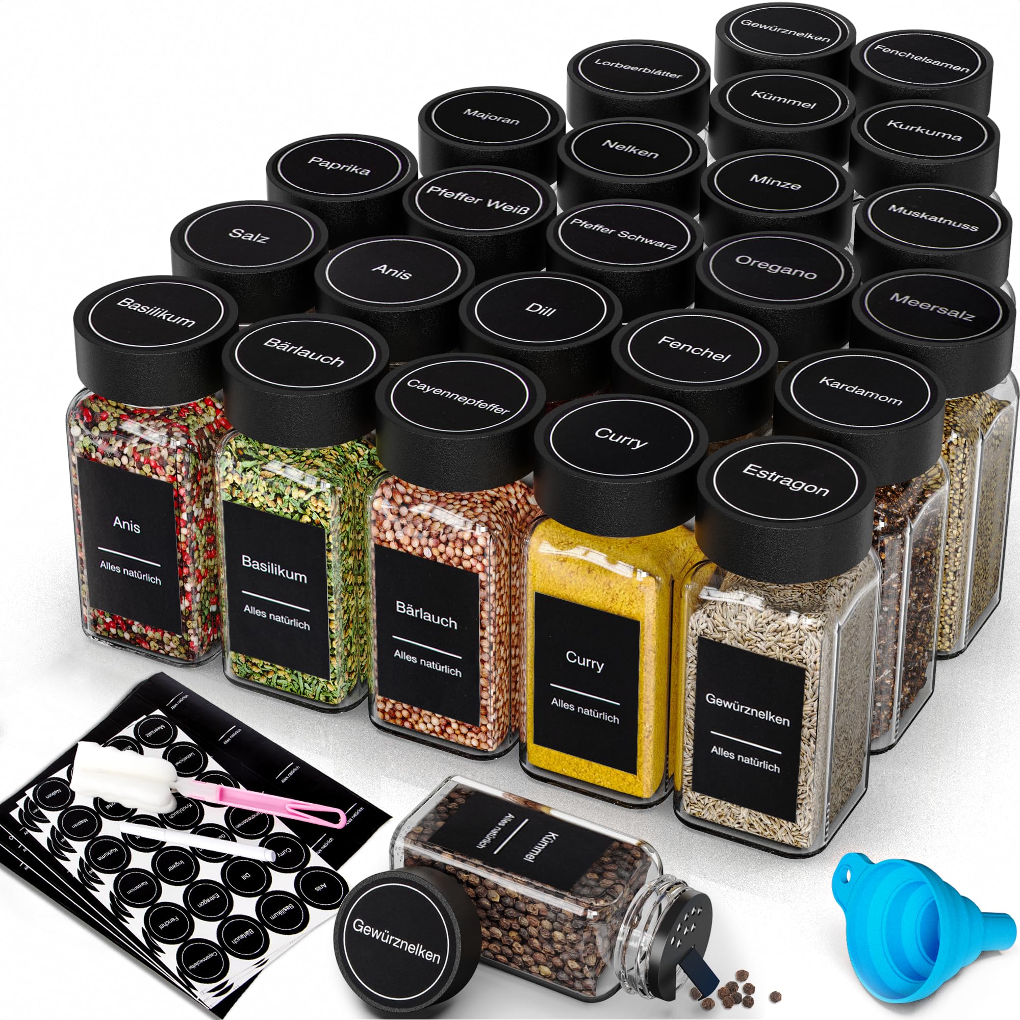 DIFULI Gewürzgläser Set aus 24 eckigen Gewürzdosen (120ml) – Ihr kompletter Gewürze Organizer mit Deckel, Streueinsatz (Gewürzstreuer), Trichter, Sieb & 340 Etiketten | Gewürzbehälter & Spice