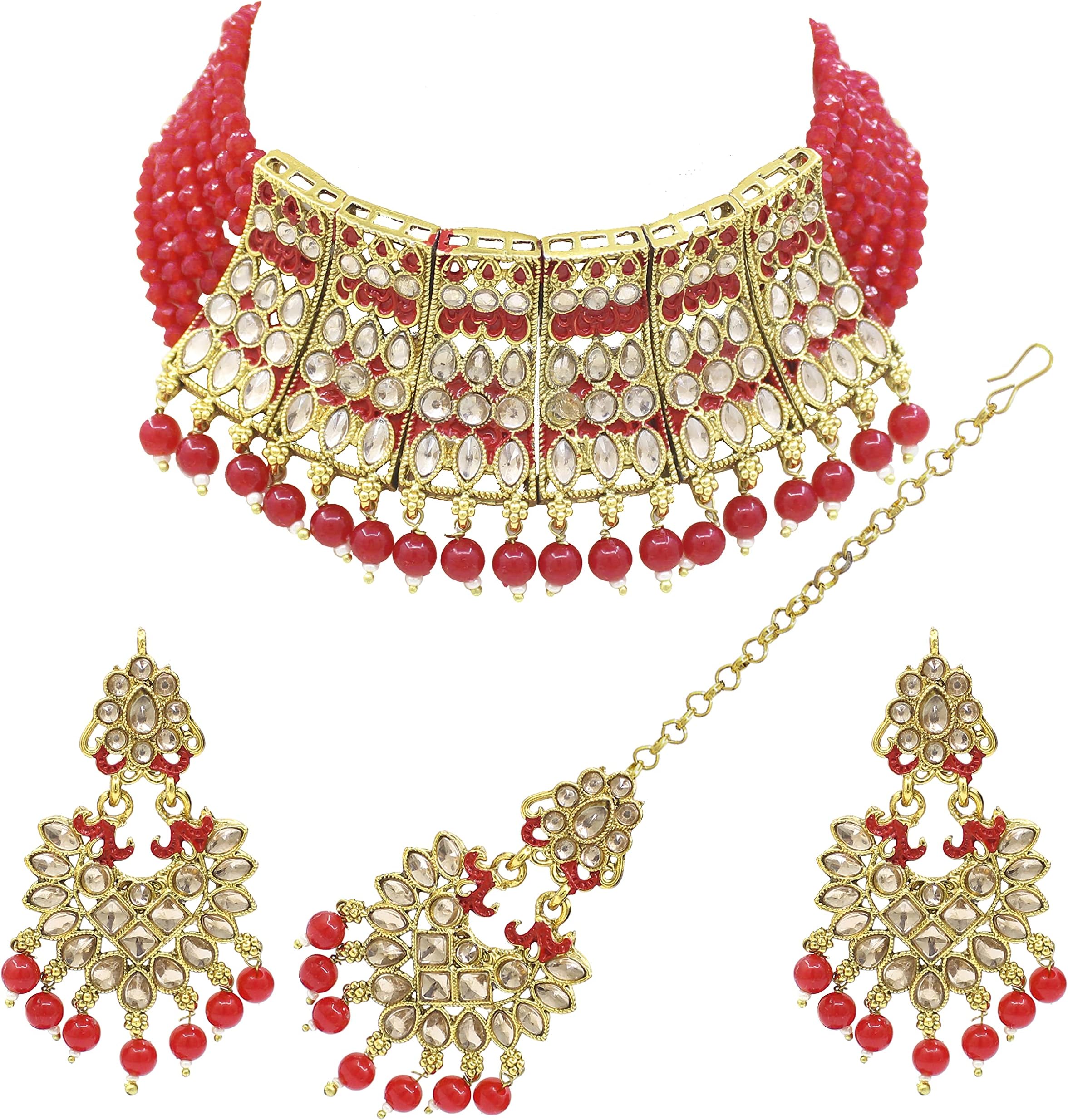 SAIYONIMeenakri Work Gold Plated Kundan & Pearl Studded Choker Necklace Earring With Maangtikka Jewellery Set For Women