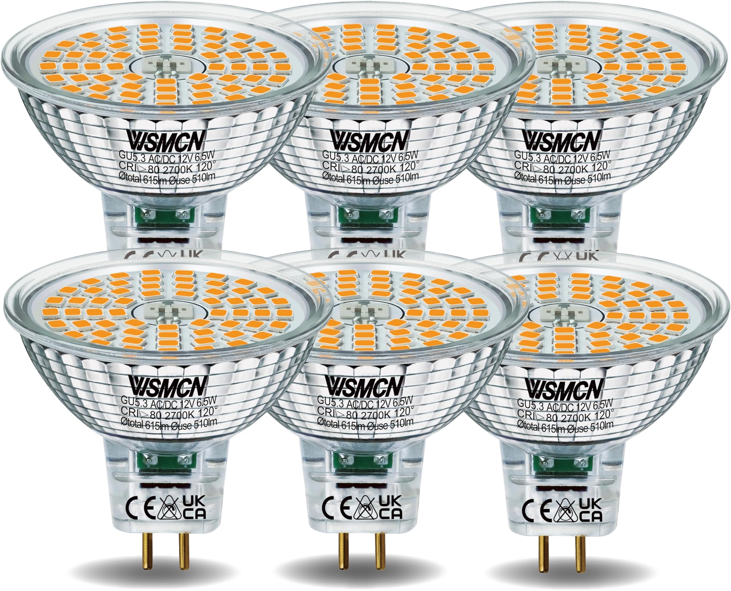 MR16 GU5.3 LED Bulbs, Warm White 2700K 615 Lumens,Non-Dimmable, 6.5W Equivalent to 55W Halogen, AC/DC 12V LED Spotlight Bulb, 120° Beam Angle, Pack of 6