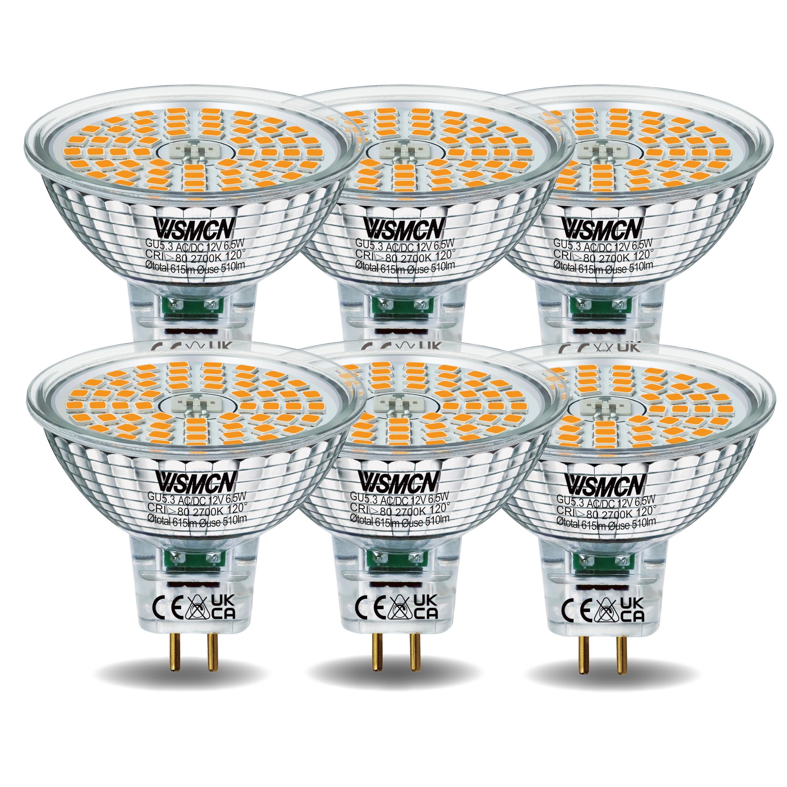WSMCN MR16 GU5.3 LED Light Bulbs Warm White 2700K, 6.5W Equivalent to 50W Halogen, Bi-Pin Base 12V 615LM, Non Dimmable