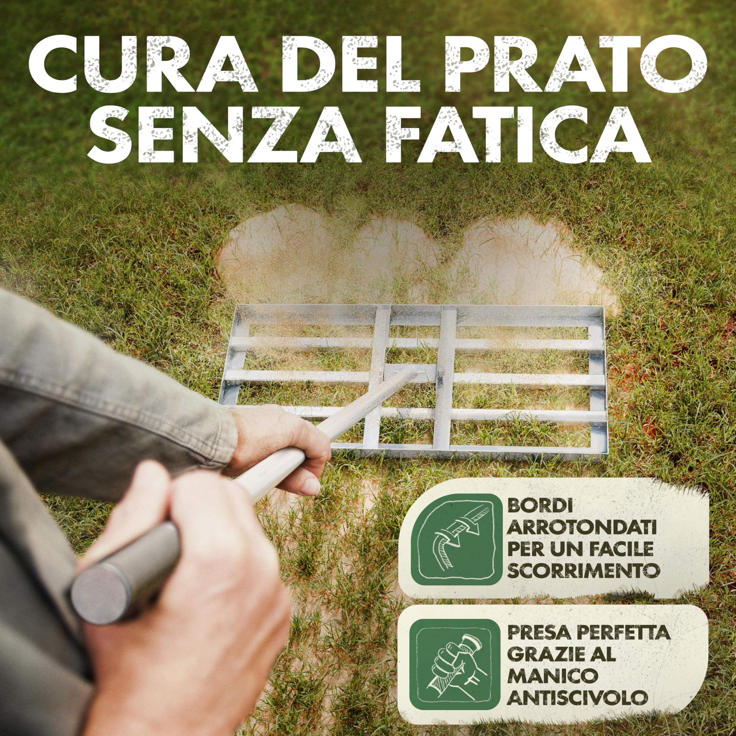 GARLINGO Rastrello per prato | 75 x 35 cm | incl. 1,7m di ASTETTO in metallo | Rastrello per prato per sabbiare il prato, livellare la sabbia del prato, aeratore Rasen Leveling rake