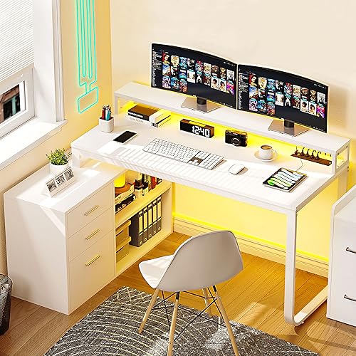 YITAHOME L Shaped Desk with Drawers, 55" Corner Computer Desk with Power Outlets, L-Shaped Desk with LED Lights & File Cabinet for Home Office, White