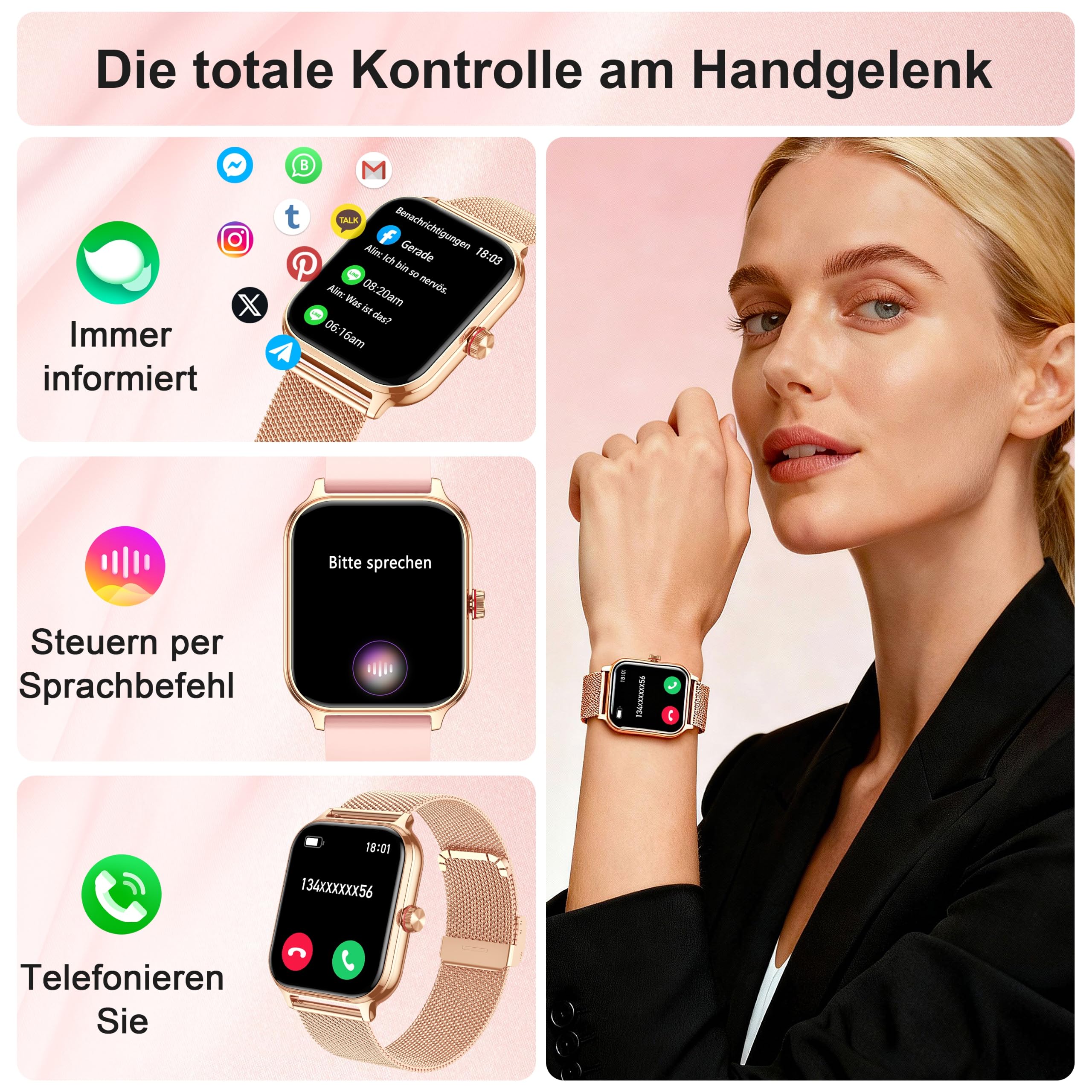 Blutdruck Smartwatch Damen Telefonfunktion für Apple Samsung Huawei Xiaomi