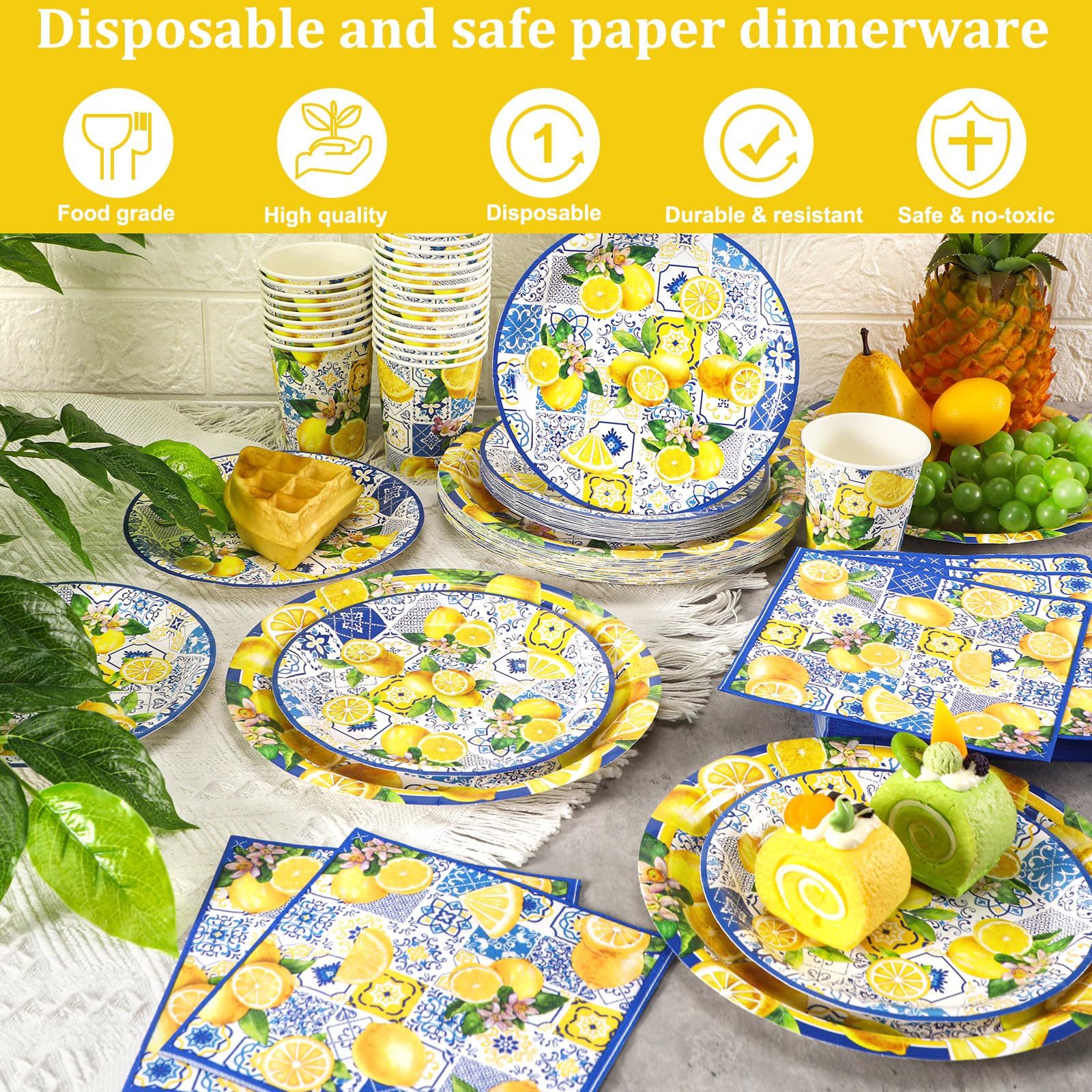 Hsei 250 pezzi Capri Limone Piatti e Tovaglioli Decorazioni per feste Set da tavola usa e getta Baby Shower Compleanno Forniture per 50 ospiti Dinnerware Baby Bridal Shower Party Favors