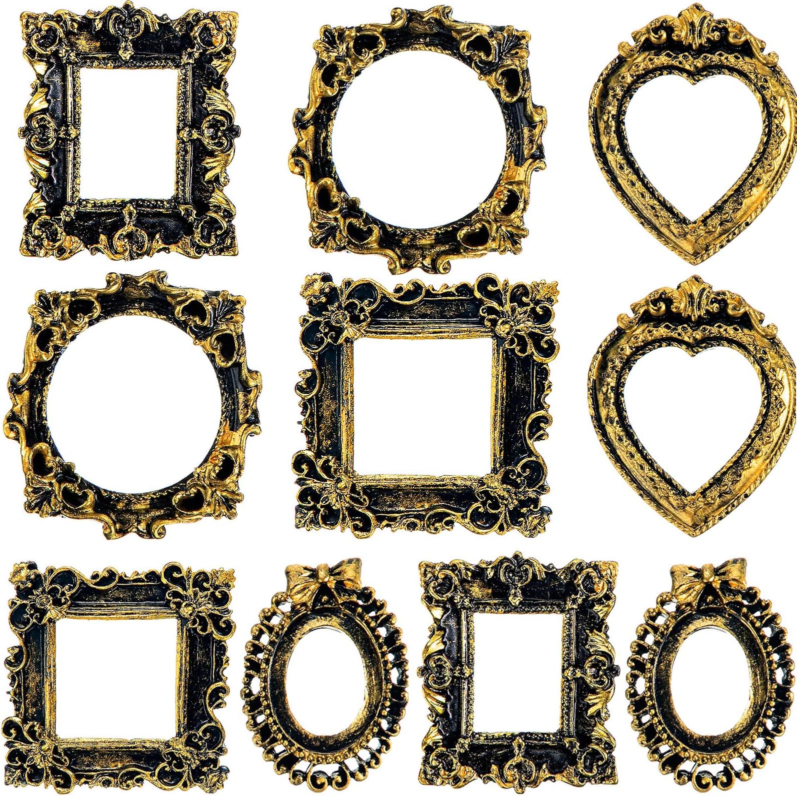 Vicenpal 10 Pcs Vintage Mini Picture Frames Baroque Antique Small Resin Jewelry Display Table Frame for Christmas DIY Photo Holiday Party Decoration (Black Gold)