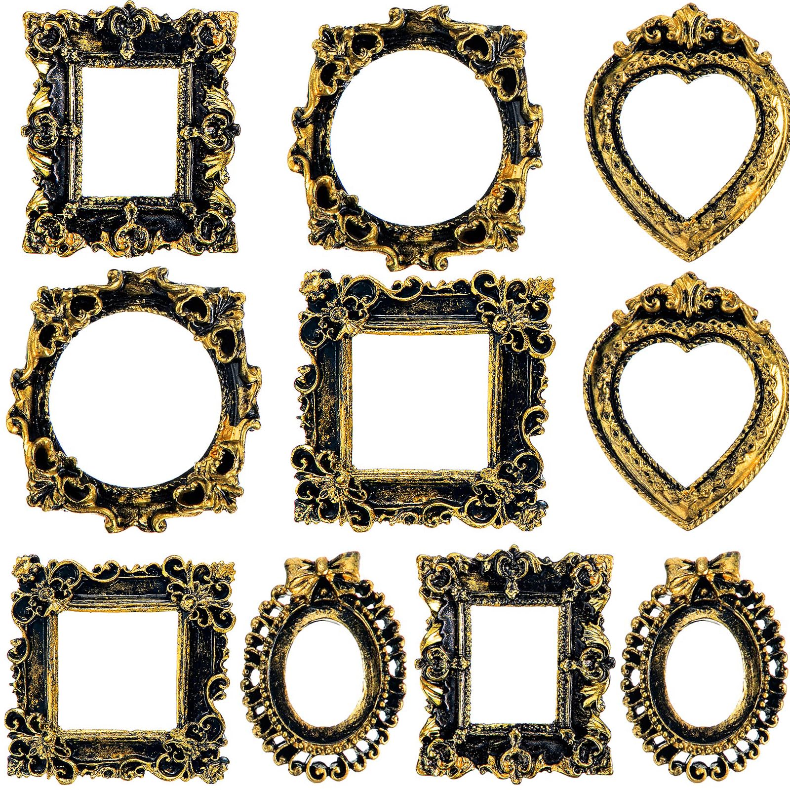 Vicenpal 10 Pcs Vintage Resin Picture Frames - Mini Resin Jewelry Display Frames - Antique Photo Frames - DIY Small Photo Frames (Black, Gold)