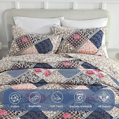 Miniatura 3 de Finlonte Colcha de tamaño King de gran tamaño, 100% algodón, juego de ropa de cama tamaño King, color marrón, azul marino, a cuadros, ligero,