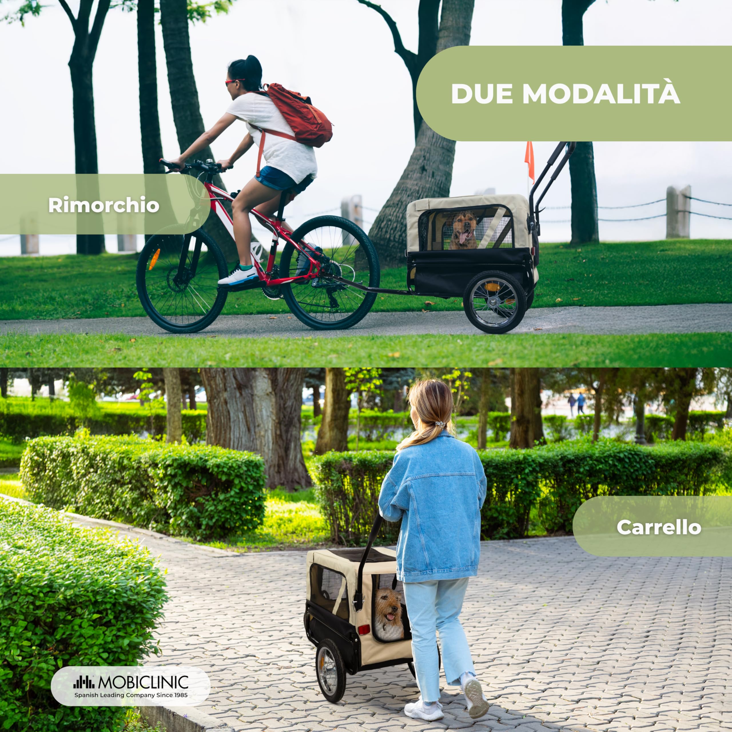 Mobiclinic®, Rimorchio Bici per Cane + Carrello di Trasporto, 2 in 1, Fino a 40 kg, Copertura Impermeabile, 123x67x100 cm, Bandiera e Catarifrangenti, Oxford 600D, per Cani Piccoli e Medi