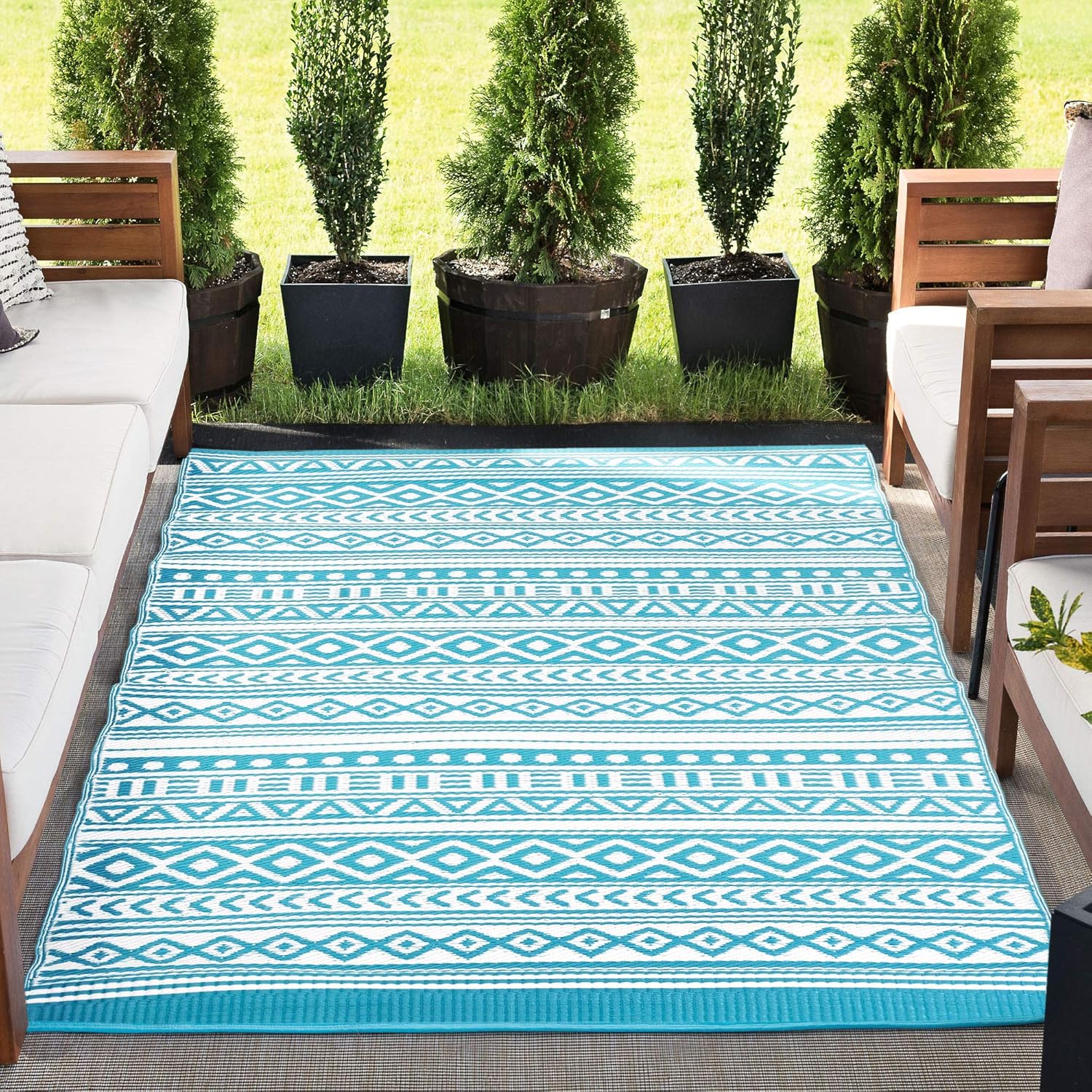Tayse Anubis Aqua Reversible Plastic Straw 5x7 Outdoor Rug - Outdoor Rugs for Patios Garden Picnic Camping Mats Waterproof and Washable